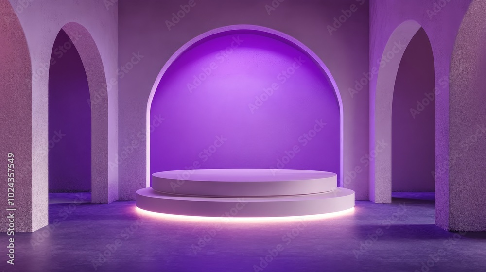 Poster 3d mock up podium set in a purple empty space featuring arches and neon lilac illumination contempor