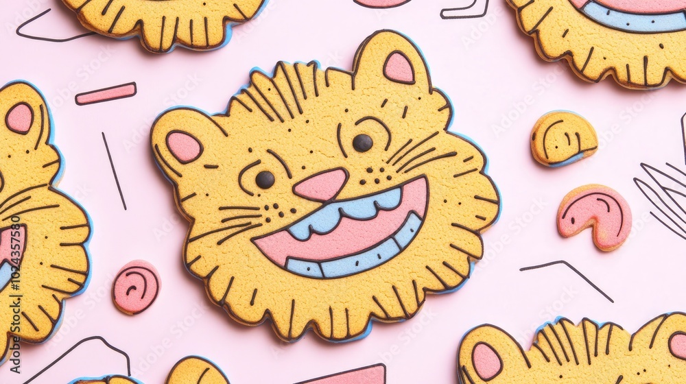 Poster close up image of lion shaped mango cookies on a white background