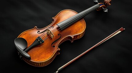 Fototapeta premium A Violin and Its Bow Resting on a Black Surface