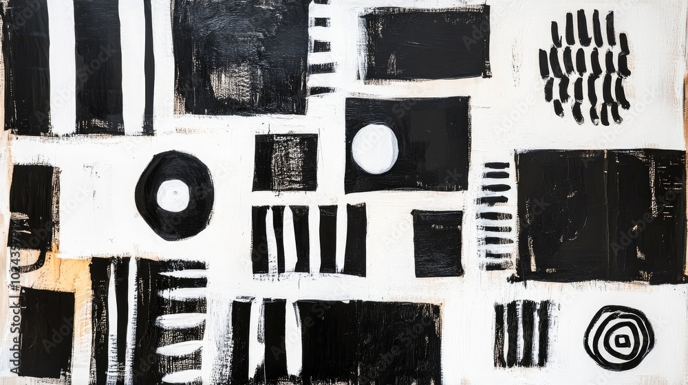 Poster abstract painting featuring simplistic black and white patterns