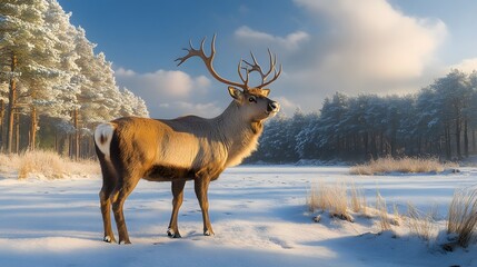 Reindeer in a snowy forest surrounded by pine trees with a soft winter light filtering through the branches