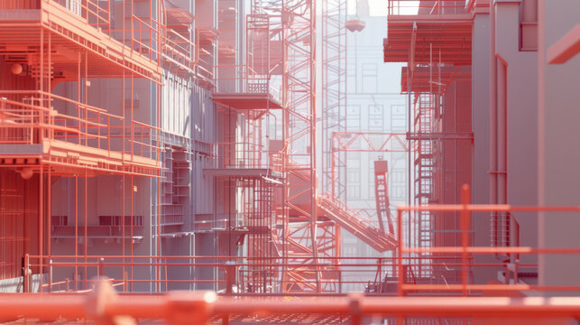 vibrant architectural scene showcasing construction site with intricate scaffolding and structural elements. red framework creates striking visual contrast against background, evoking sense of