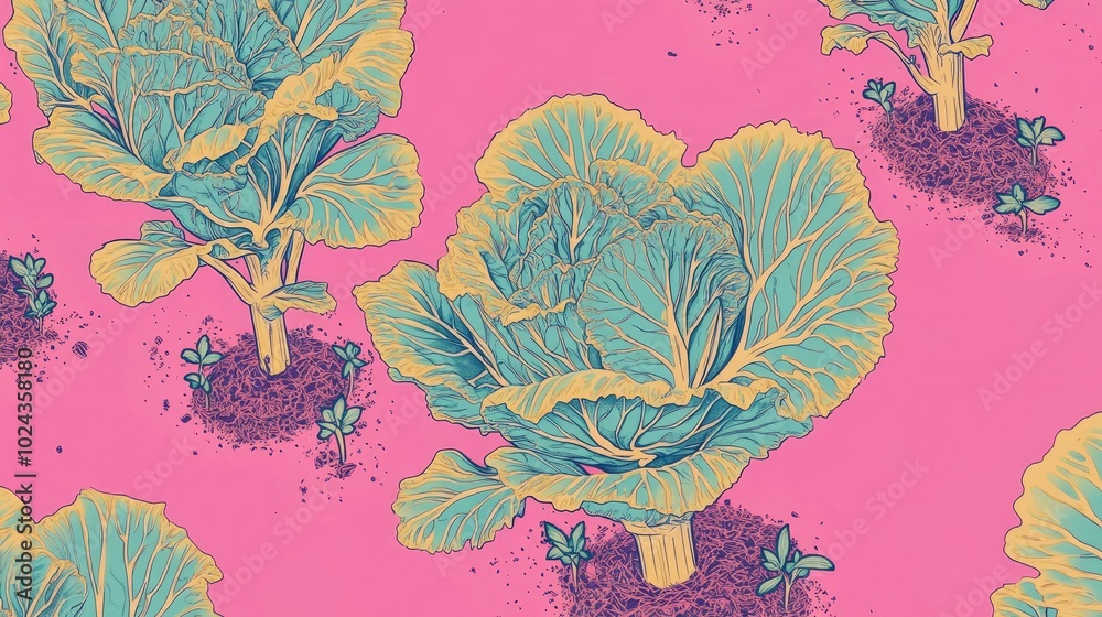 Poster close up of green cabbage leaves cabbage seedlings growing in proximity