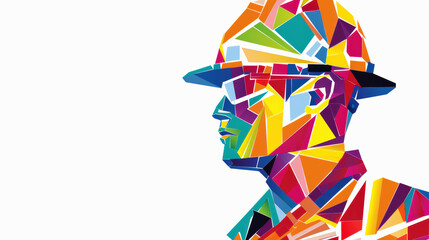 Colorful geometric illustration of construction worker wearing hard hat, showcasing vibrant hues and abstract shapes that convey sense of creativity and professionalism
