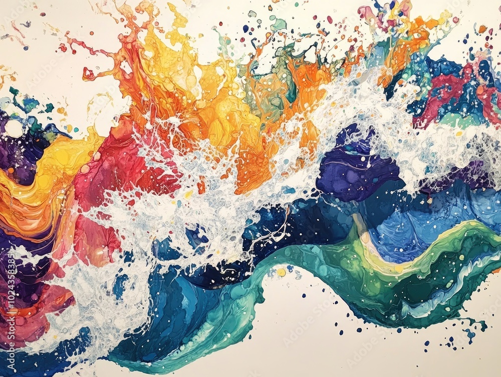 Poster abstract painting depicting colorful fluid movements resembling ocean waves flowing from a washing p