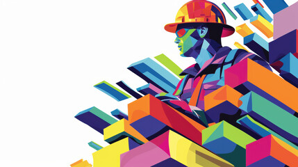 vibrant illustration of construction worker wearing hard hat, surrounded by colorful geometric shapes, symbolizing creativity and progress in construction
