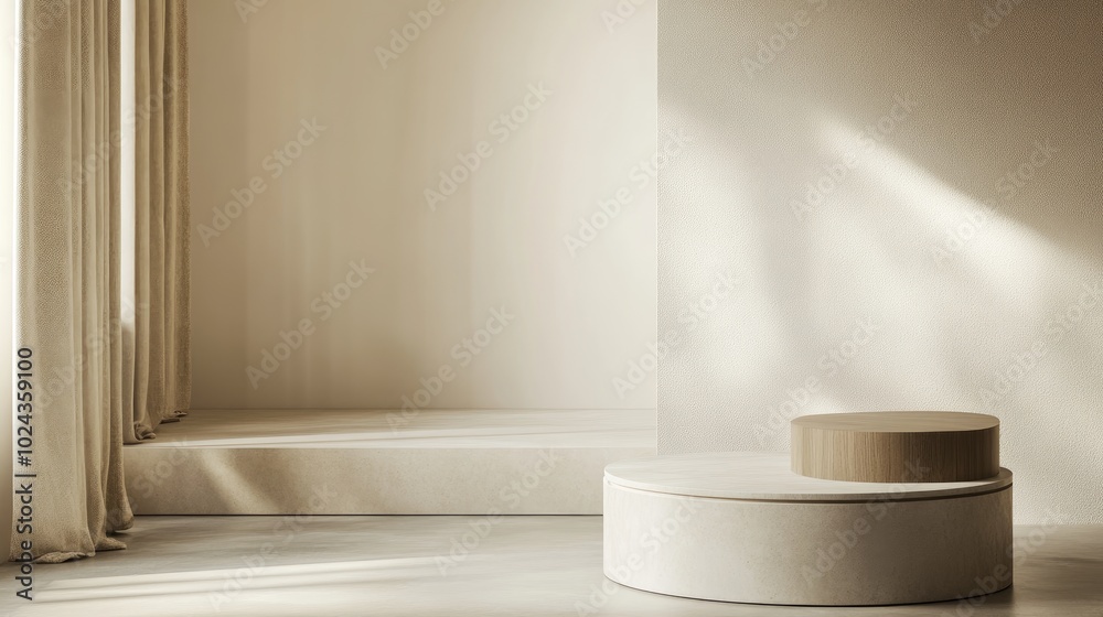 Aufkleber 3D render of a background featuring a pedestal and a showcase embodying an abstract minimal concept with a blank space and simple clean design perfect for a minimalist mockup