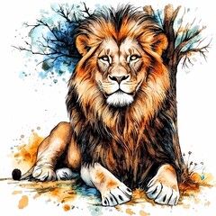 Fototapeta premium Regal Lion Resting Under Tree in Artistic Style