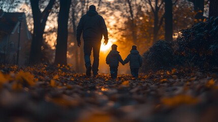Family hiking through a forest with fallen leaves, wearing cozy sweaters and enjoying the crisp November air