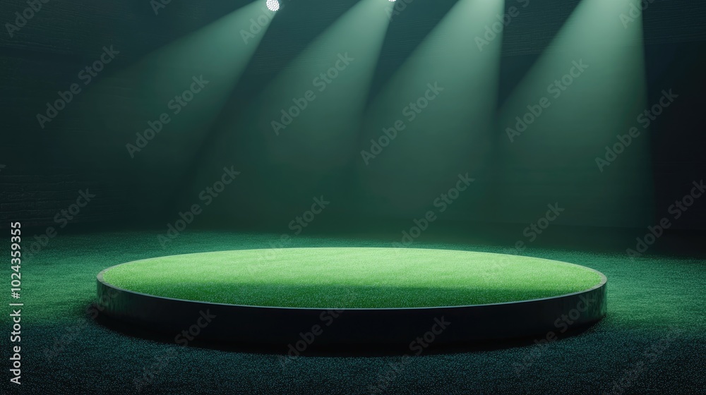 Poster 3d cylinder podium in an arena featuring a green football field empty pedestal for an award ceremony
