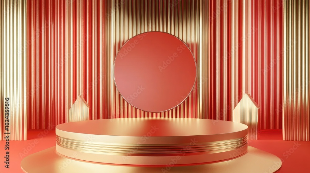 Poster 3d podium with geometric design in red and gold elements ideal backdrop for showcasing cosmetic prod