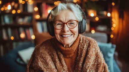 Obraz premium Happy Senior Woman Recording Podcast in Headphones, Sharing Life Stories with Joy in Cozy Studio