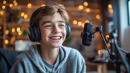 Joyful Teenage Podcaster in Headphones Recording Engaging Podcast in Contemporary Studio Setting