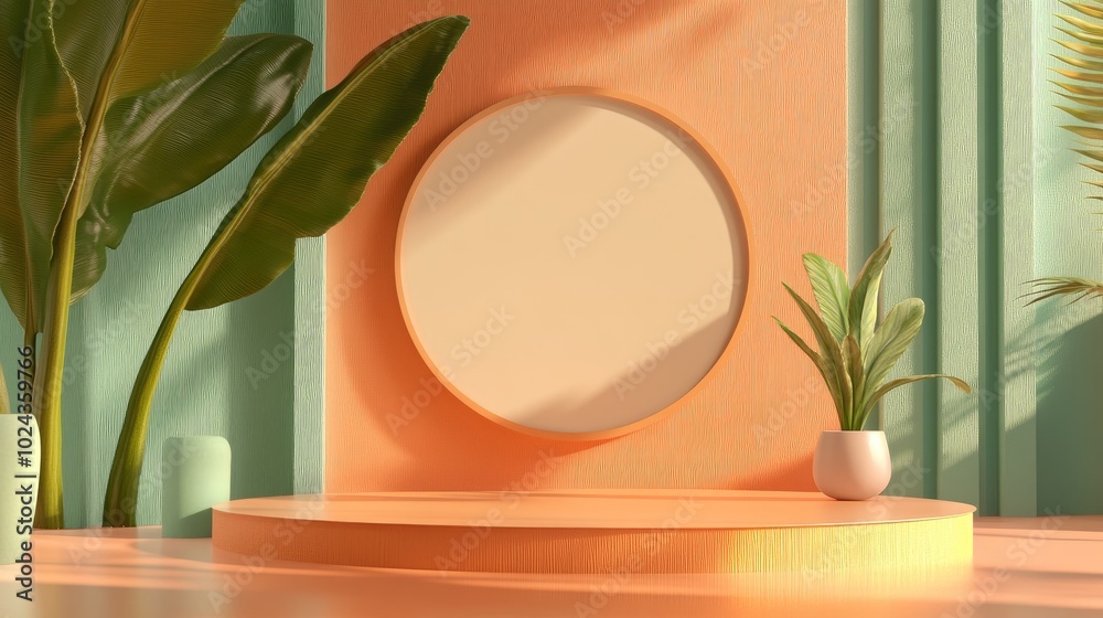 Aufkleber 3D rendering of a contemporary mock up featuring an abstract geometric background a blank template and a minimalistic empty showcase with primitive shapes in pastel colors
