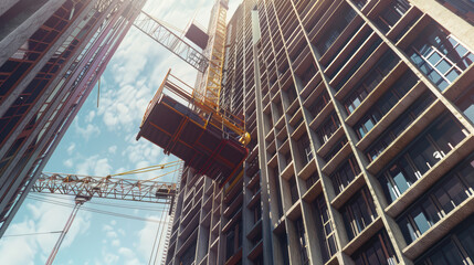 Fototapeta premium construction site showcasing high rise building under development, with cranes and scaffolding visible against bright sky. scene captures dynamic nature of urban construction