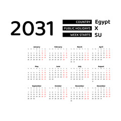 Calendar 2031 English language with Egypt public holidays. Week starts from Sunday. Graphic design vector illustration.