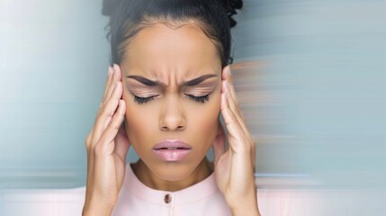 Naklejka premium Woman experiencing severe headache with motion blur effect in pastel background