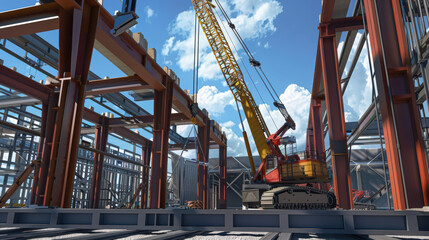 Construction site with crane lifting materials amidst steel framework and blue skies. scene captures essence of industrial progress and teamwork