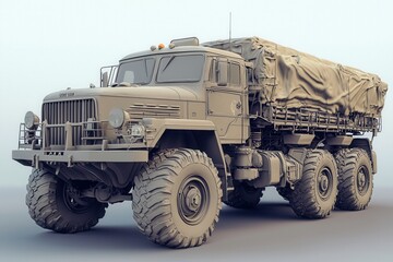 Robust military truck ready for rugged terrain transport in a coastal environment at dawn
