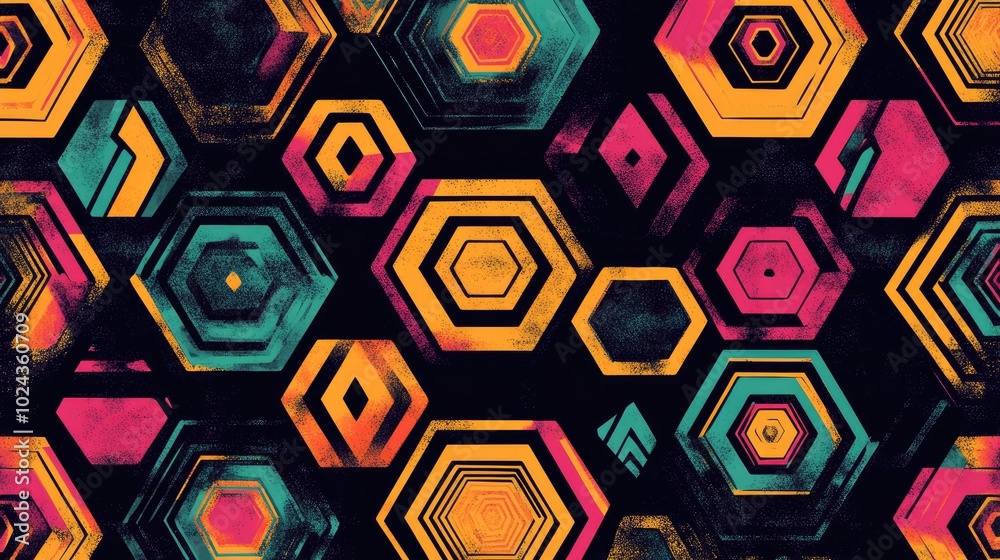 Poster Abstract fantasy thin line seamless pattern featuring hexagons and triangles Creative geometric mosaic tile design