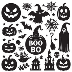 Halloween clip art set showcasing various spooky elements like witches, skeletons, and festive decorations