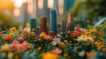 A miniature cityscape made of plastic sits surrounded by colorful flowers, blurred buildings in the background.