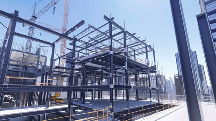 modern construction site showcasing steel framework of building under development, with cranes and scaffolding visible in bustling urban environment