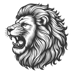 Fierce Lion Head Roaring tattoo growling sketch engraving generative ai vector illustration. Scratch board imitation. Black and white image.