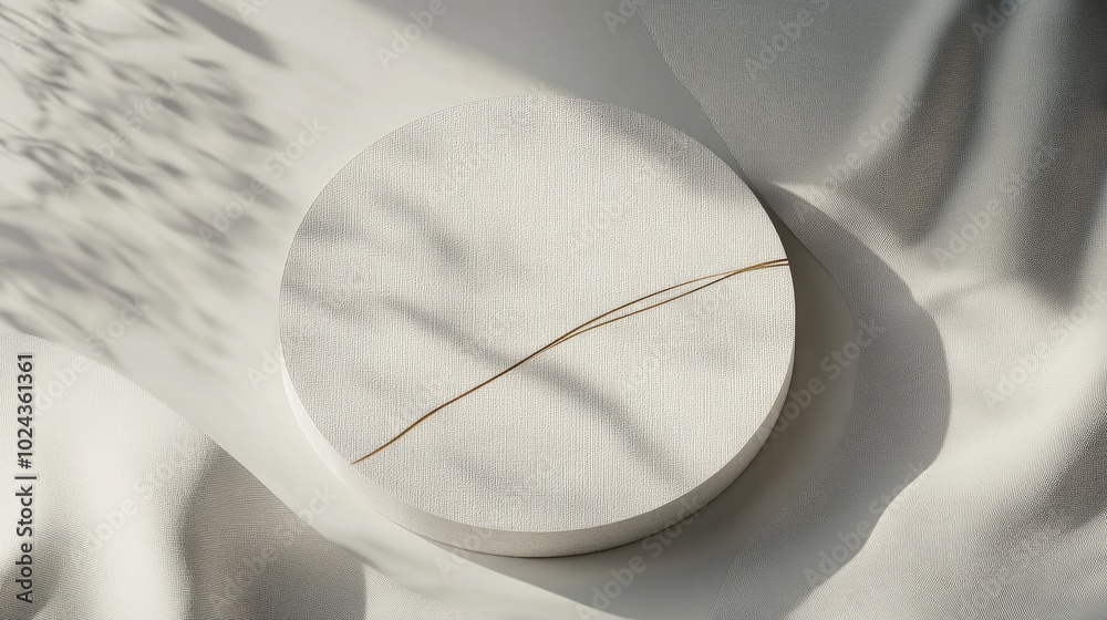 Poster 3D rendering of a minimalist product display featuring a circular podium with a gold line on textured fabric viewed from above ideal for luxury cosmetic photography
