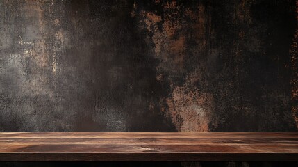  Wood countertop in the kitchen. Empty wooden table for product against dark concrete wall background. 3D brown podium for advertising. Mockup with design platform. 