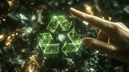 A businessman finger interacts with a digital green recycle symbol on a virtual screen, conveying a message of sustainability and corporate environmental strategy.