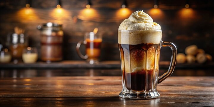 Symmetrical cold root beer float with vanilla ice cream on bar background