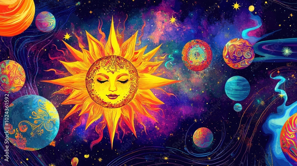 Poster A vibrant illustration shows a sun with eight points and a variety of colorful planets adorned with unique patterns all set against a cosmic backdrop