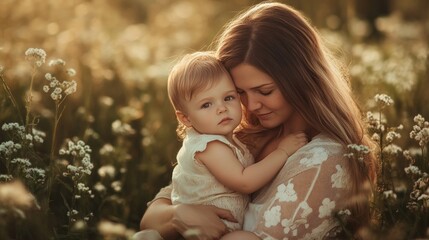 Obraz premium A Mother Tenderly Holding Her Young Daughter in a Field of Wildflowers