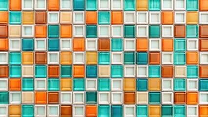 Fototapeta premium Symmetrical colorful glass mosaic tile background with white orange and teal colored blocks