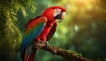 Obraz premium A Scarlet Macaw perched elegantly in the jungle surrounded by lush foliage with feathers glowing in the warm natural sunlight above 