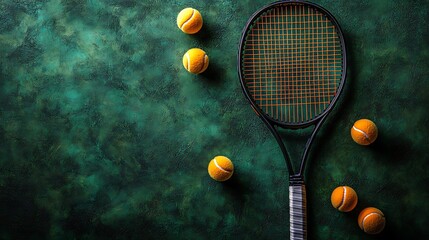 Tennis racket and balls on a green background.