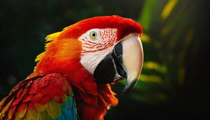 A Magnificent Scarlet Macaw resting gracefully on a high branch showing off its bold colors and brilliant feathers amidst lush surroundings
