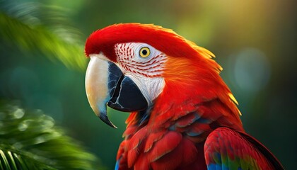 Obraz premium A Perched Scarlet Macaw with colorful feathers glowing in the sunlight resting peacefully surrounded by the sounds of the tropical forest 