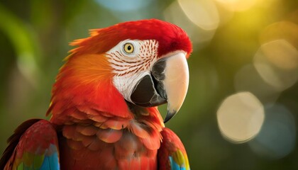 Fototapeta premium A Scarlet Macaw calmly perched on a tree branch surrounded by a breathtaking landscape of tropical greenery and vibrant wildflowers 