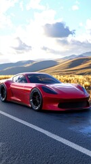 Naklejka premium A bold red sports car parked on a winding road with stunning hills under a dramatic sky