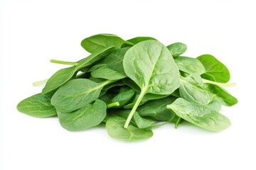 Pile of fresh green baby spinach leaves isolated on white background