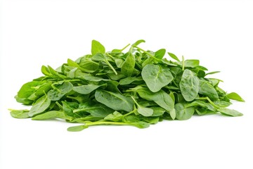 Pile of fresh green baby spinach leaves isolated on white background