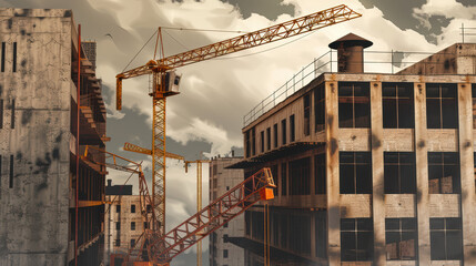 image showcases construction site with cranes and partially built structures under dramatic sky, evoking sense of progress and industrial activity