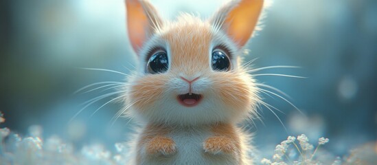 A cute, fluffy, cartoon bunny rabbit with big eyes smiles while sitting in a field of white flowers.