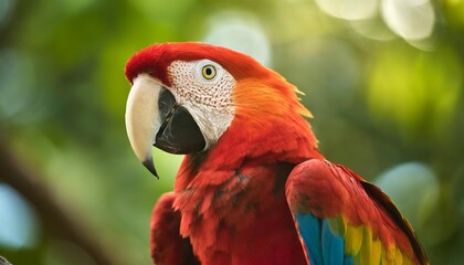 Fototapeta premium Vibrant Scarlet Macaw perched gracefully on a tropical branch surrounded by lush greenery and stunning vivid plumage display brilliance 