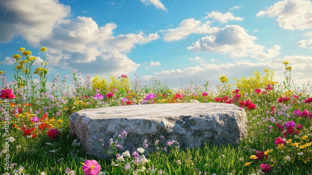 Poster abstract 3d rendered spring landscape featuring a stone podium amidst vibrant flowers and grassy fie
