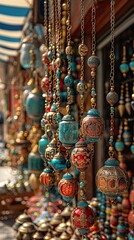 Fototapeta premium Souvenirs on the market. old Arabic bazaar shopping in outdoor market. Crowded