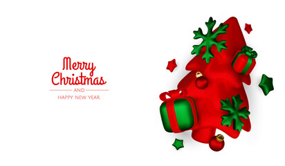 Merry christmas greeting card vector poster. Christmas elegant invitation template with xmas balls, xmas tree and snowflakes. Vector illustration holiday season greeting