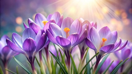 Symmetrical delicate purple crocus bouquet in soft illumination